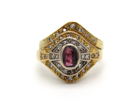 Vintage, 18K gold ruby and diamond wedding set