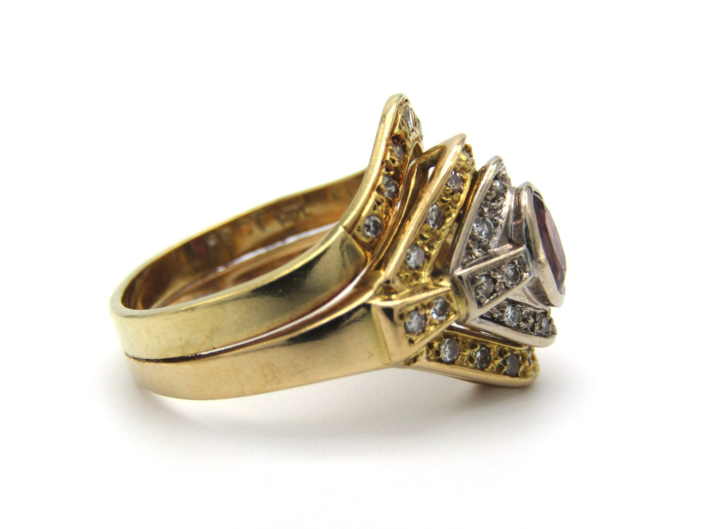 Vintage, 18K gold ruby and diamond wedding set