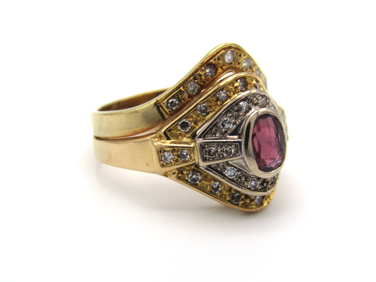 Vintage, 18K gold ruby and diamond wedding set