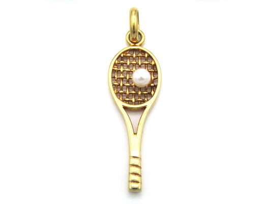Vintage, 9K gold tennis racket and pearl ball pendant