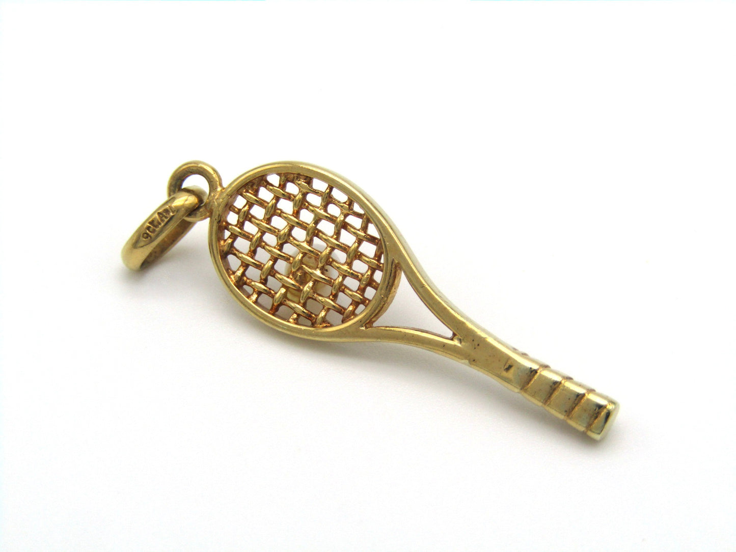 Vintage, 9K gold tennis racket and pearl ball pendant