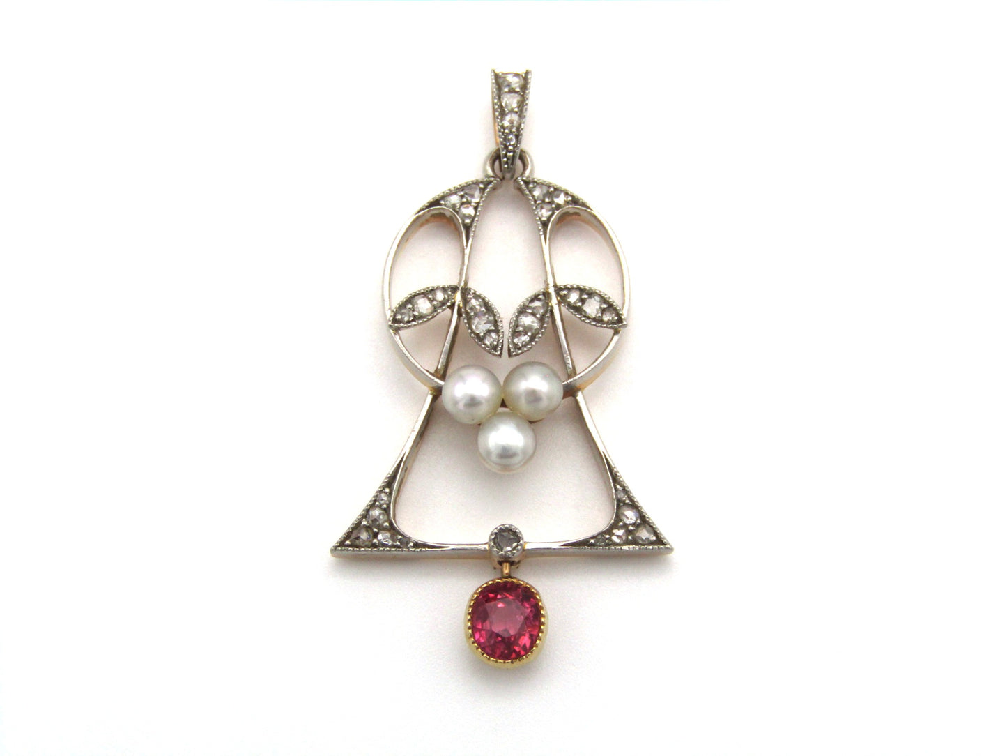 Art Nouveau, 18K gold ruby, diamond and pearl pendant