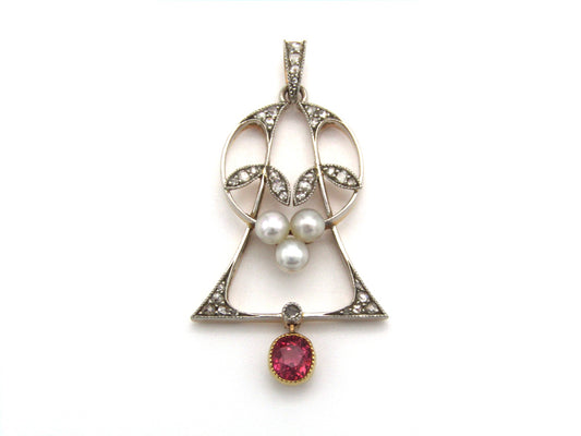 Art Nouveau, 18K gold ruby, diamond and pearl pendant