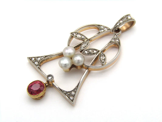 Art Nouveau, 18K gold ruby, diamond and pearl pendant