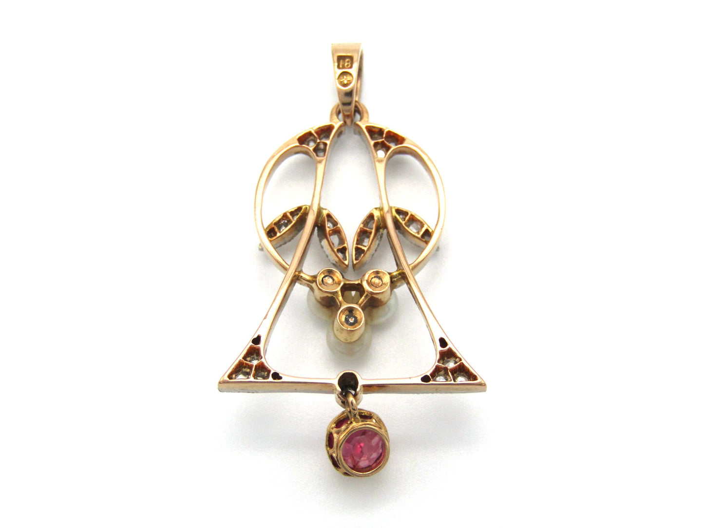 Art Nouveau, 18K gold ruby, diamond and pearl pendant