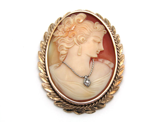 Antique, 9K gold Italian cameo and diamond brooch
