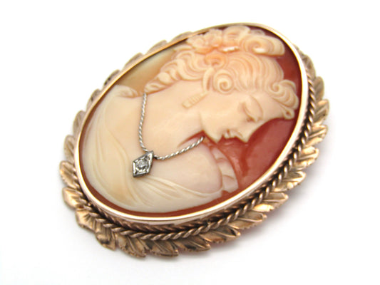 Antique, 9K gold Italian cameo and diamond brooch