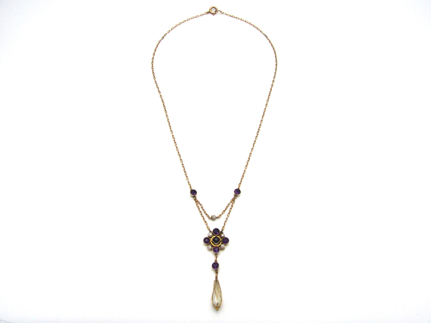 Edwardian, 9K gold amethyst and natural pearl necklace