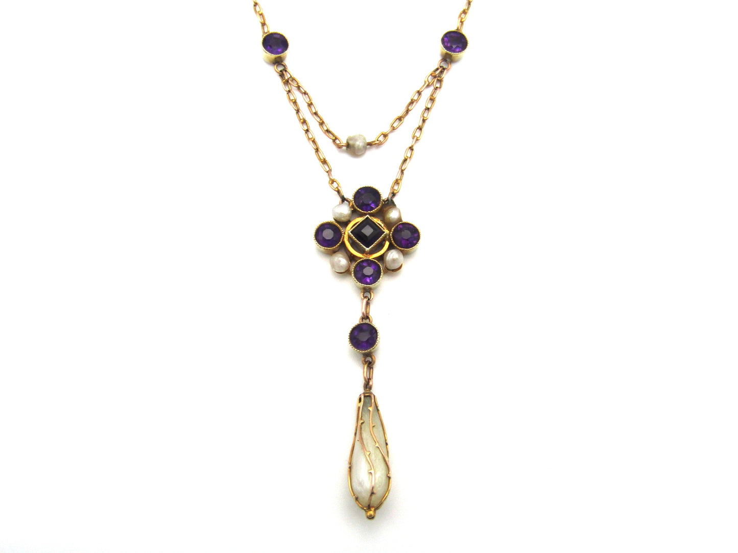 Edwardian, 9K gold amethyst and natural pearl necklace