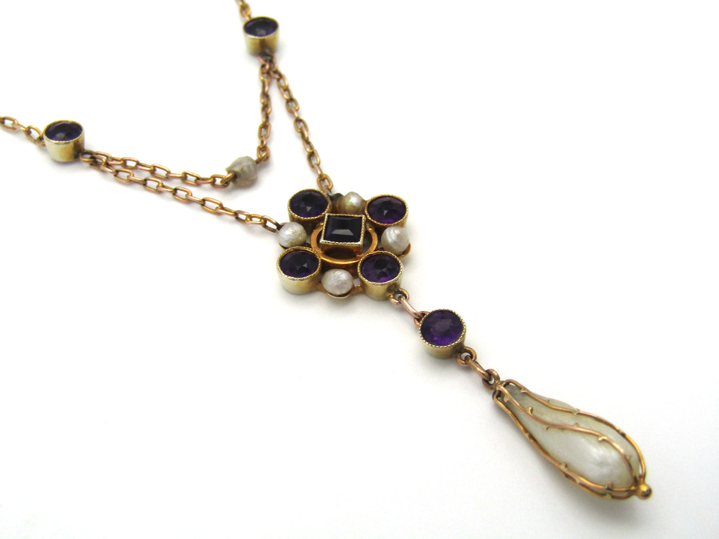 Edwardian, 9K gold amethyst and natural pearl necklace
