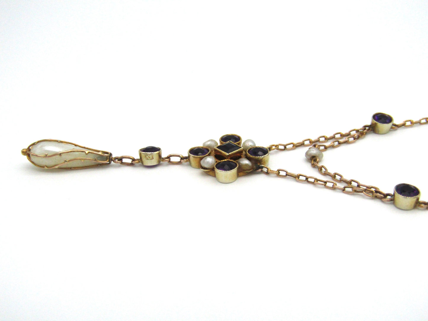 Edwardian, 9K gold amethyst and natural pearl necklace