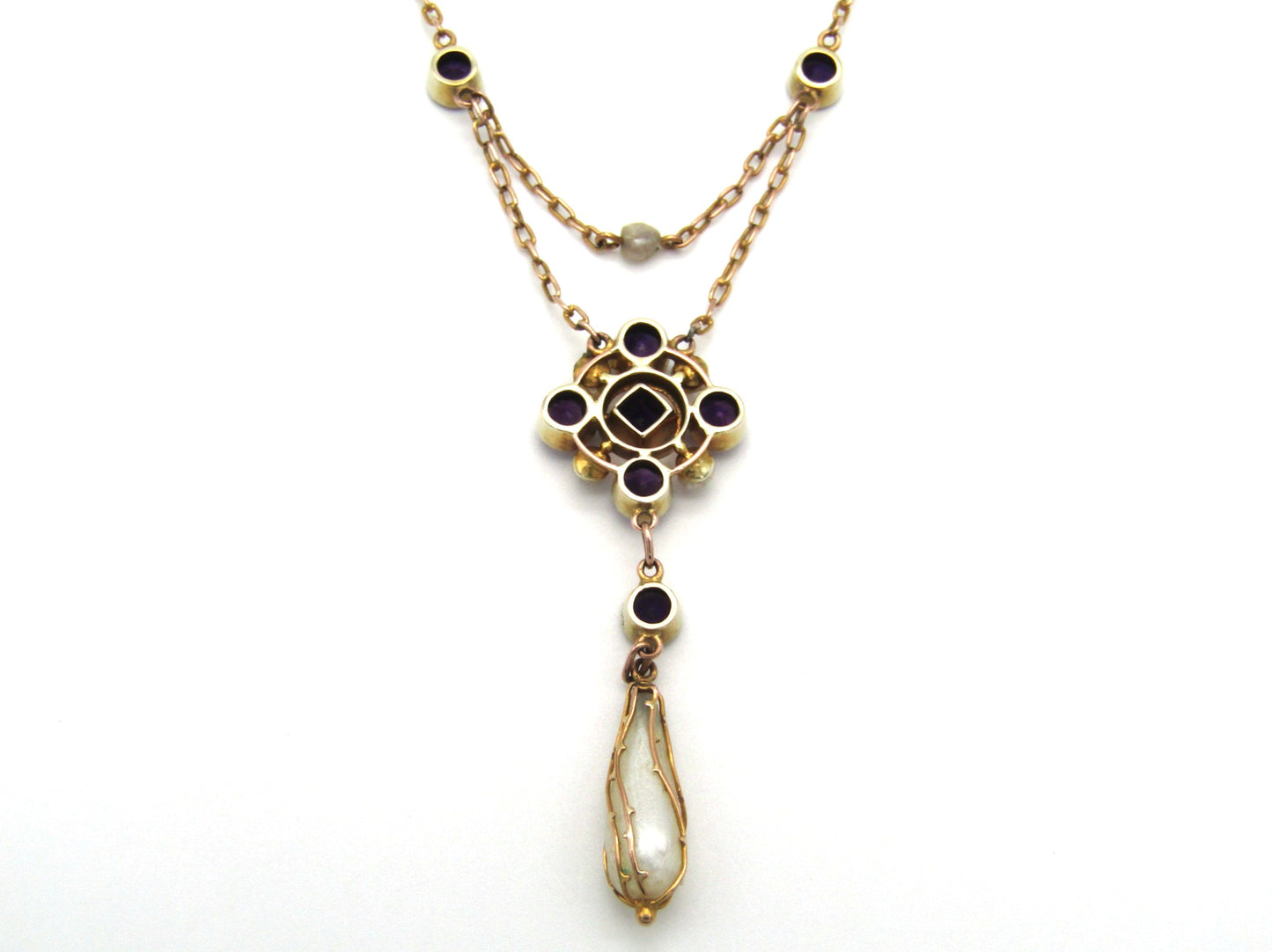 Edwardian, 9K gold amethyst and natural pearl necklace