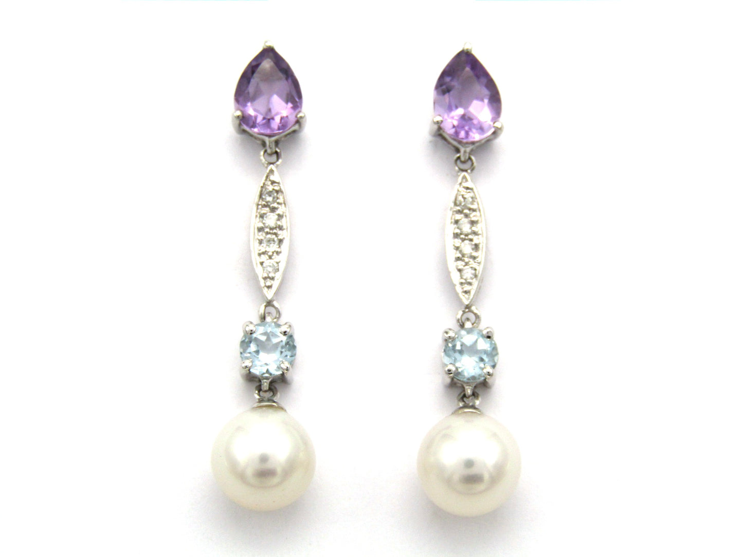 Estate, 14K gold amethyst, diamond, and blue topaz drop earrings