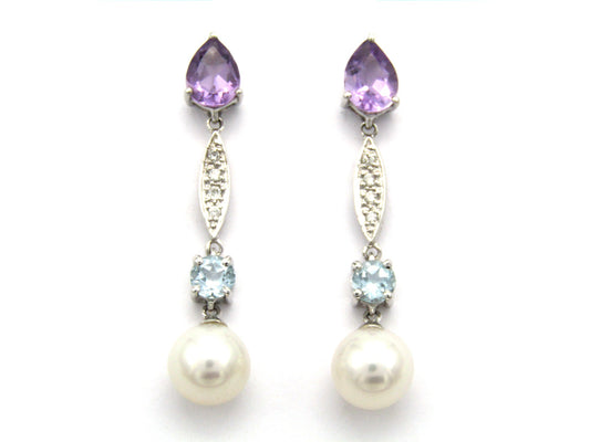 Estate, 14K gold amethyst, diamond, and blue topaz drop earrings