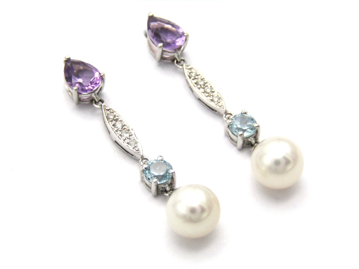 Estate, 14K gold amethyst, diamond, and blue topaz drop earrings