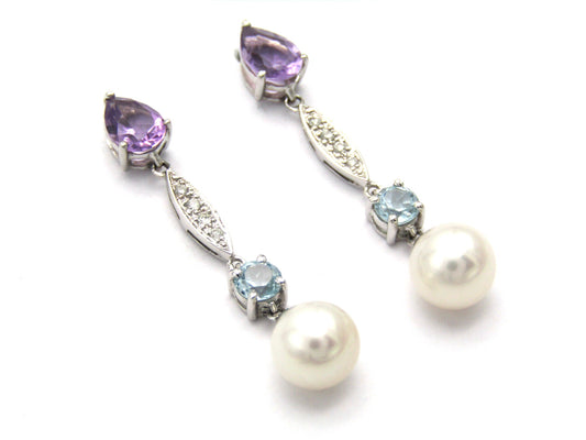 Estate, 14K gold amethyst, diamond, and blue topaz drop earrings