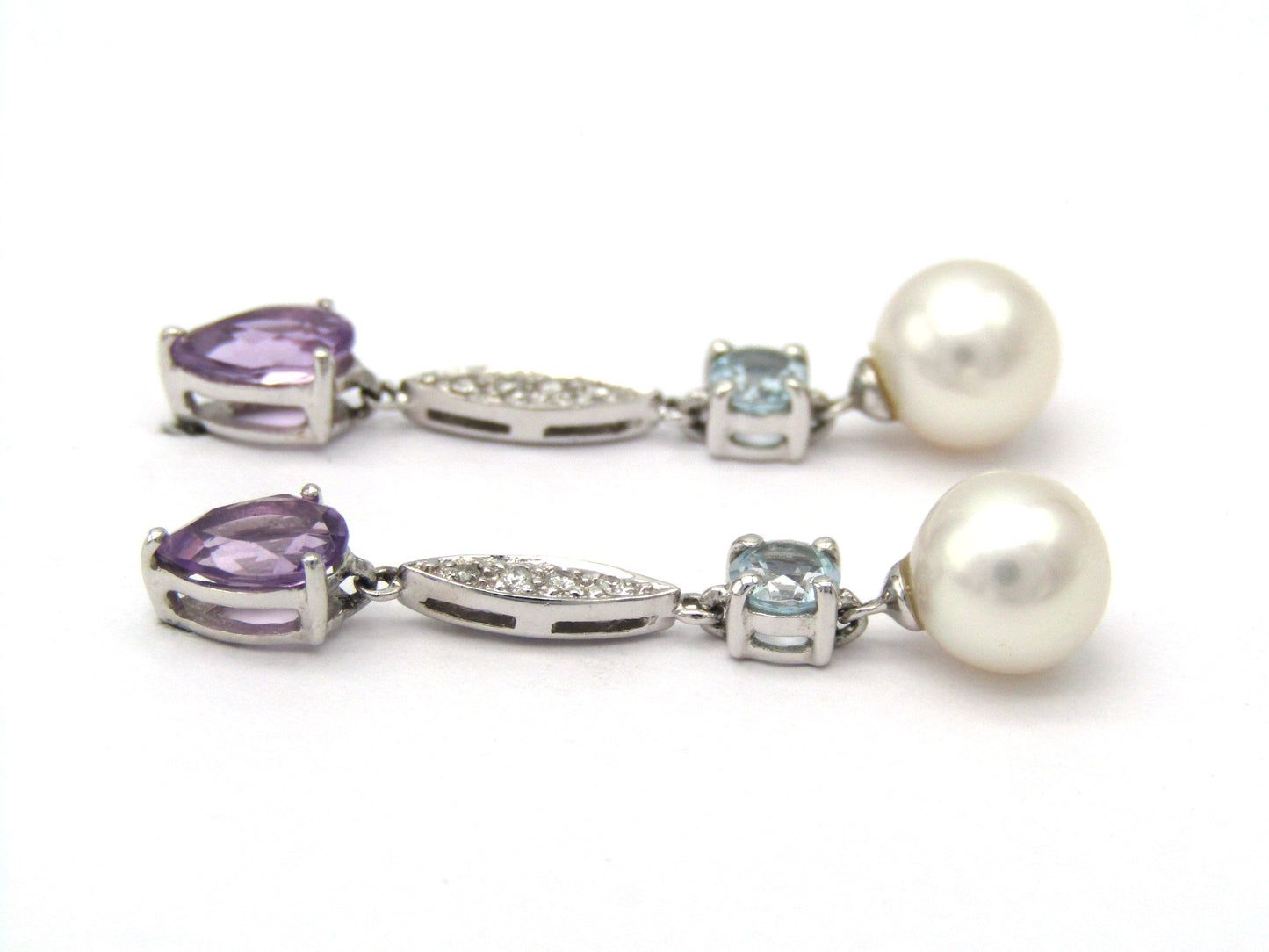 Estate, 14K gold amethyst, diamond, and blue topaz drop earrings