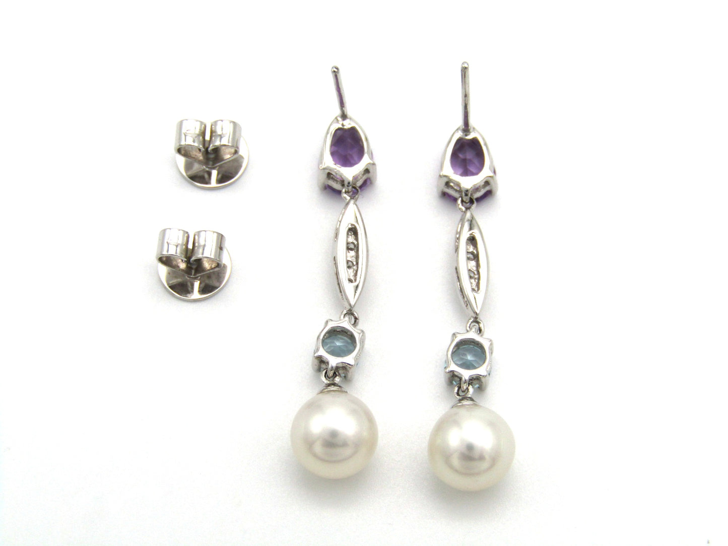 Estate, 14K gold amethyst, diamond, and blue topaz drop earrings