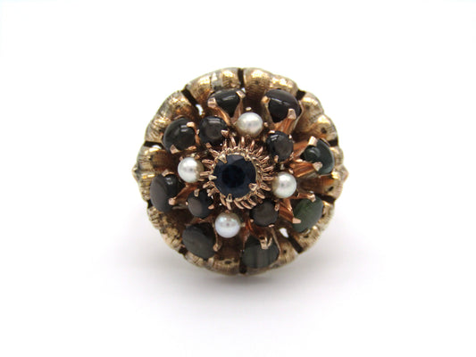 Mid-century, 14K gold blue sapphire, brown star sapphire, and pearl Thai Princess 'spinner' ring