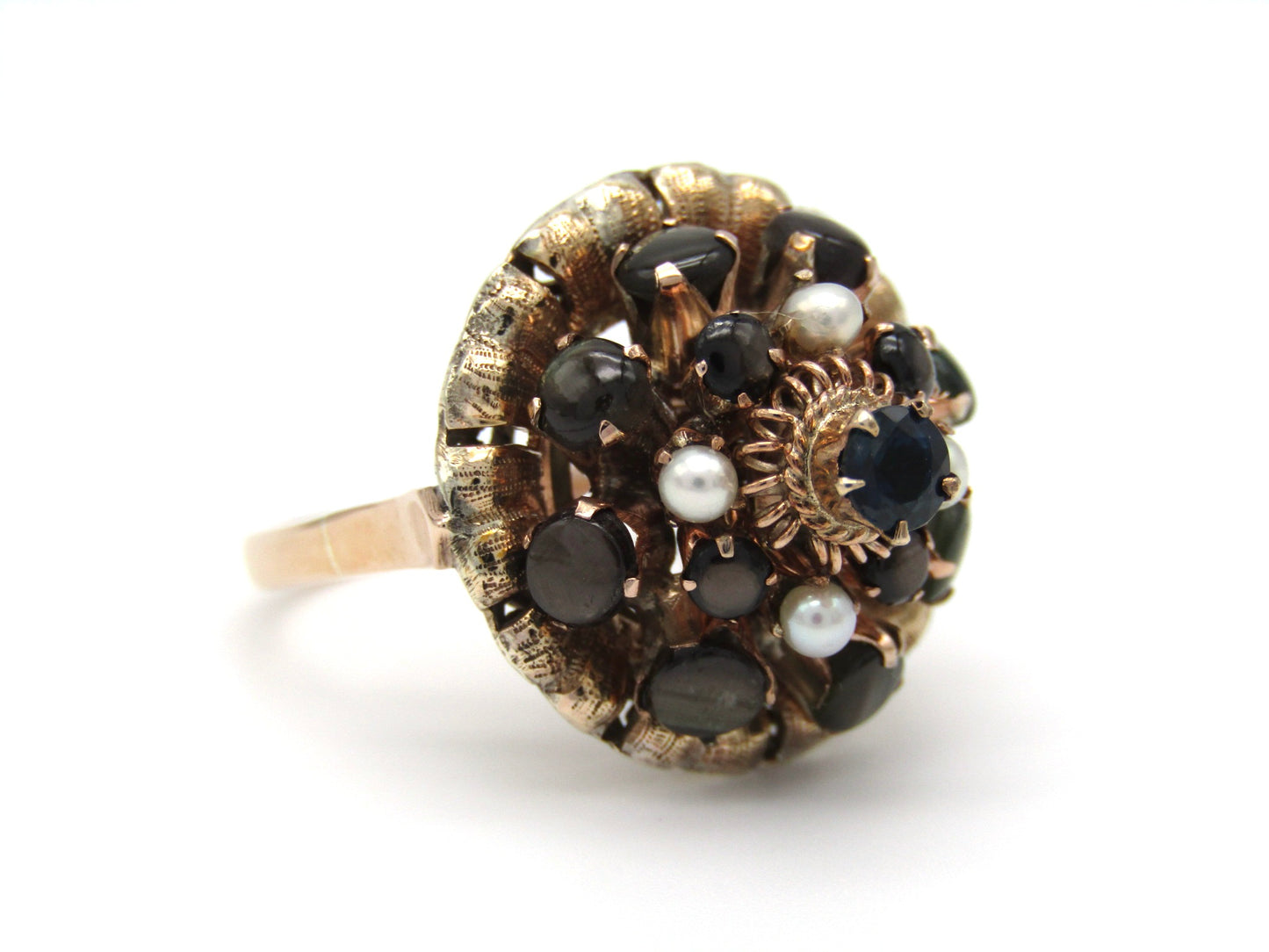 Mid-century, 14K gold blue sapphire, brown star sapphire, and pearl Thai Princess 'spinner' ring