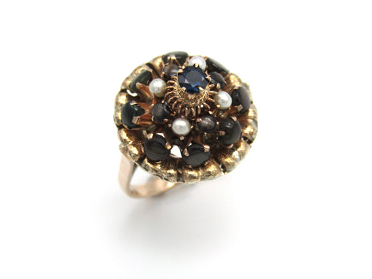 Mid-century, 14K gold blue sapphire, brown star sapphire, and pearl Thai Princess 'spinner' ring