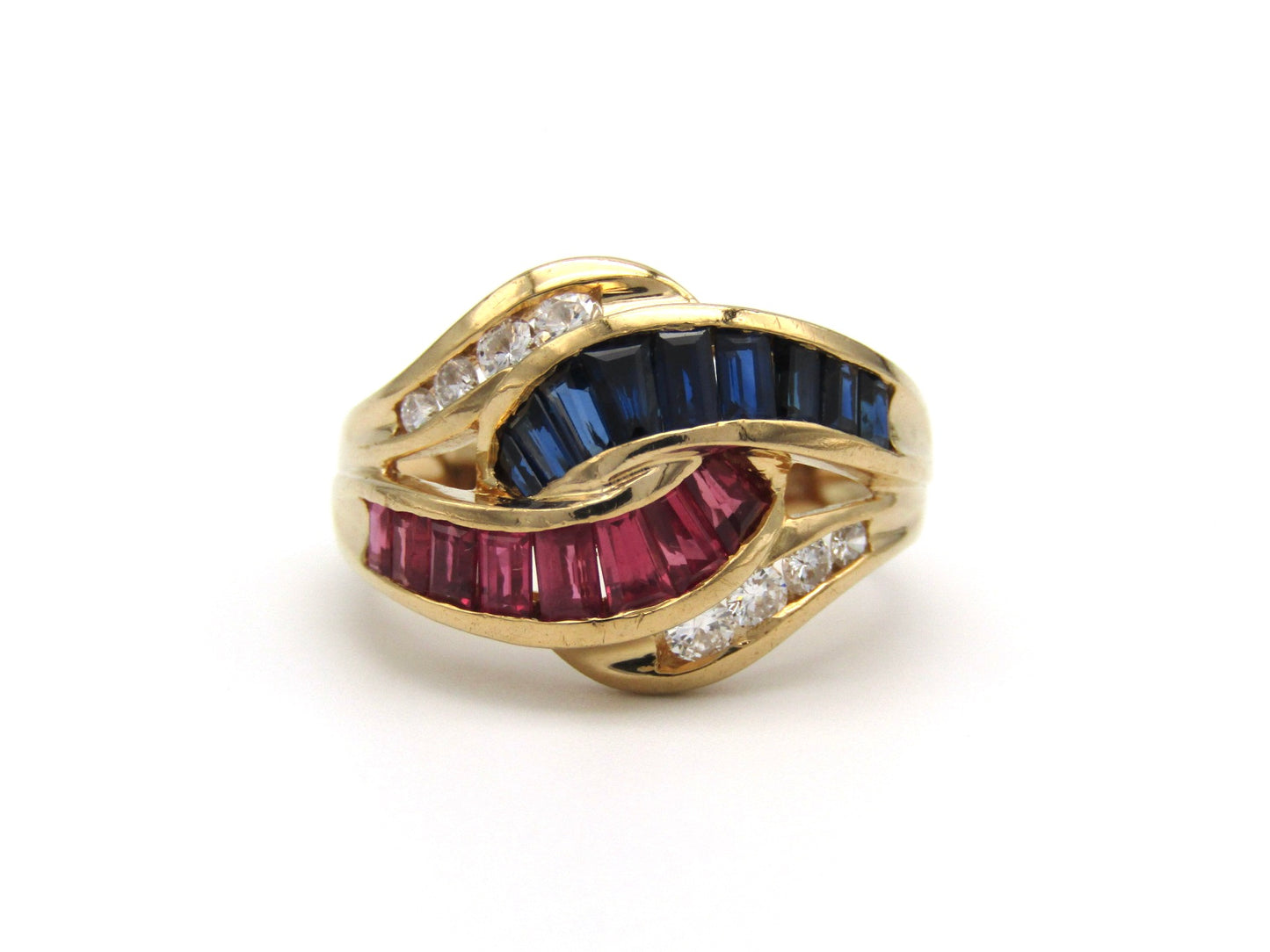 Vintage, 18K gold ruby, sapphire, and diamond bypass ring, c.1980s
