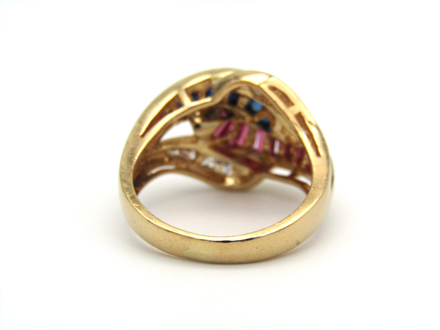 Vintage, 18K gold ruby, sapphire, and diamond bypass ring, c.1980s