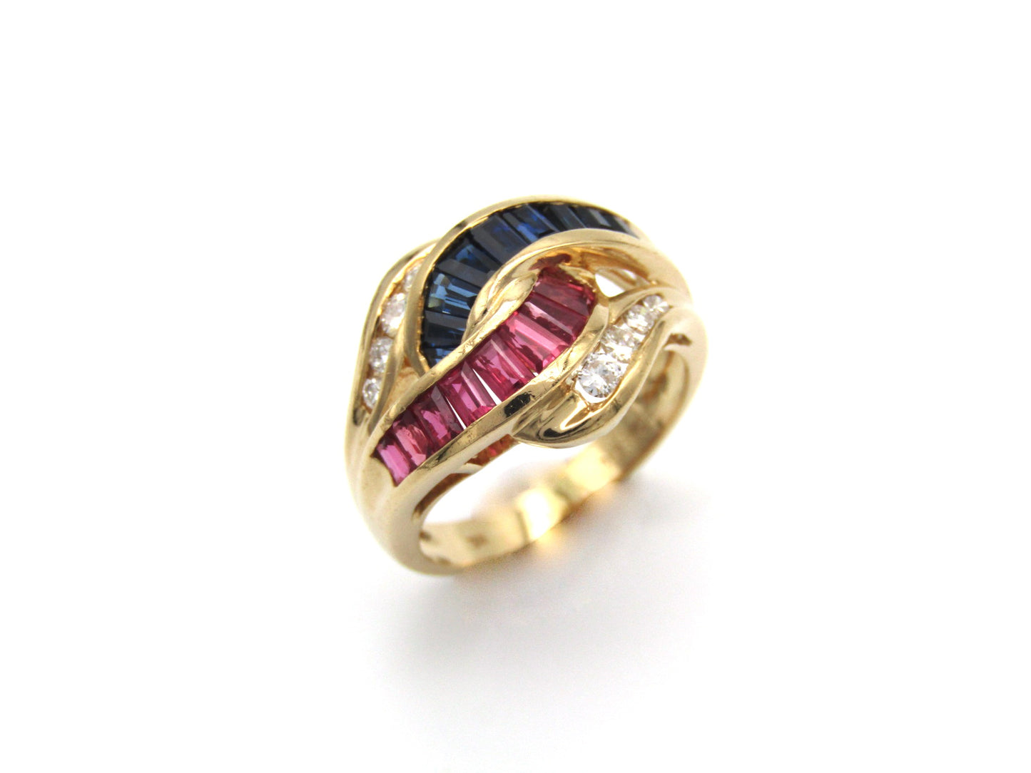 Vintage, 18K gold ruby, sapphire, and diamond bypass ring, c.1980s