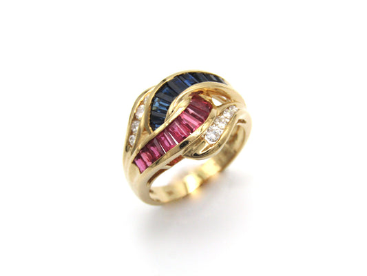 Vintage, 18K gold ruby, sapphire, and diamond bypass ring, c.1980s
