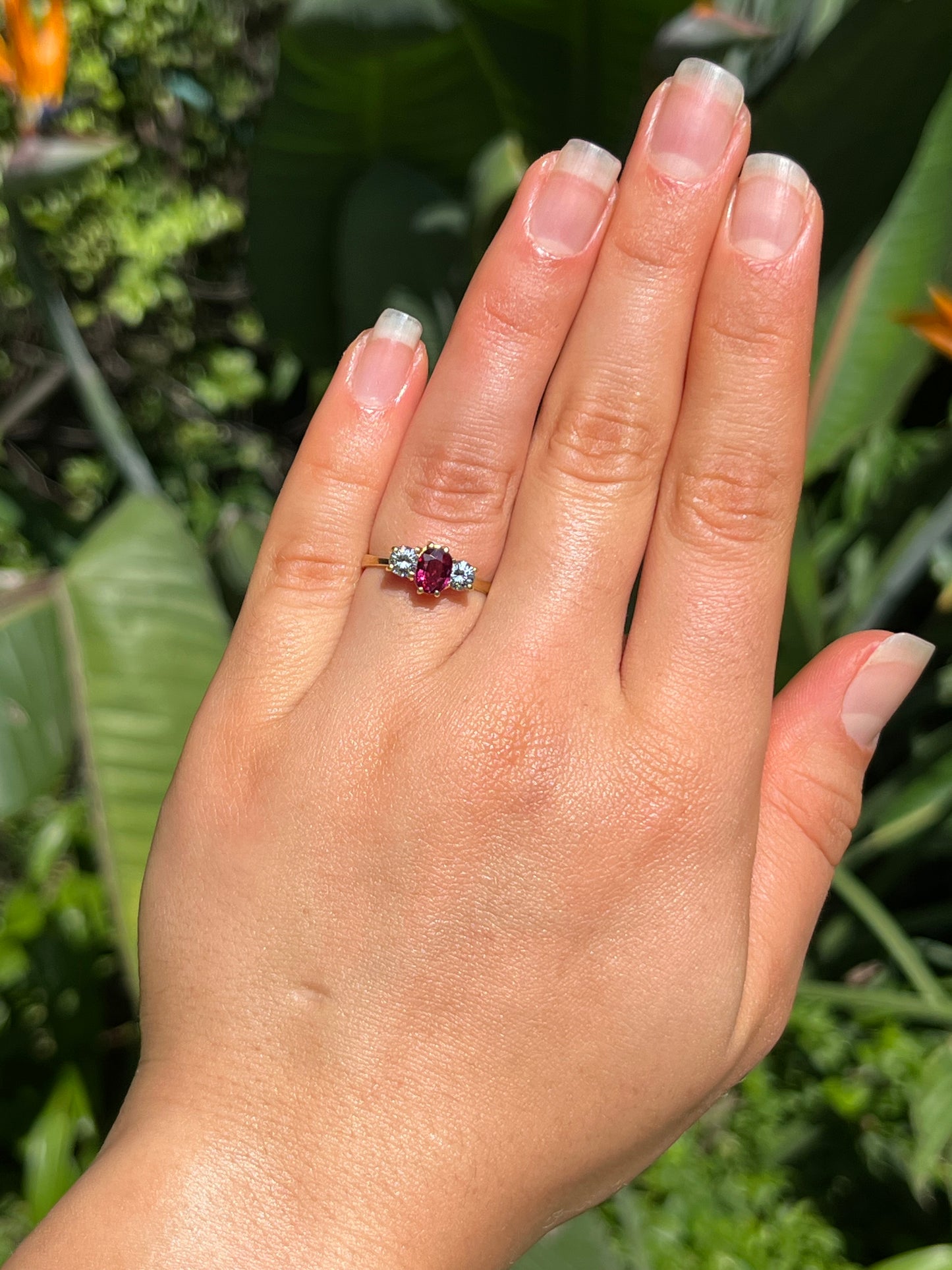 Vintage, 18K gold ruby and diamond trilogy ring