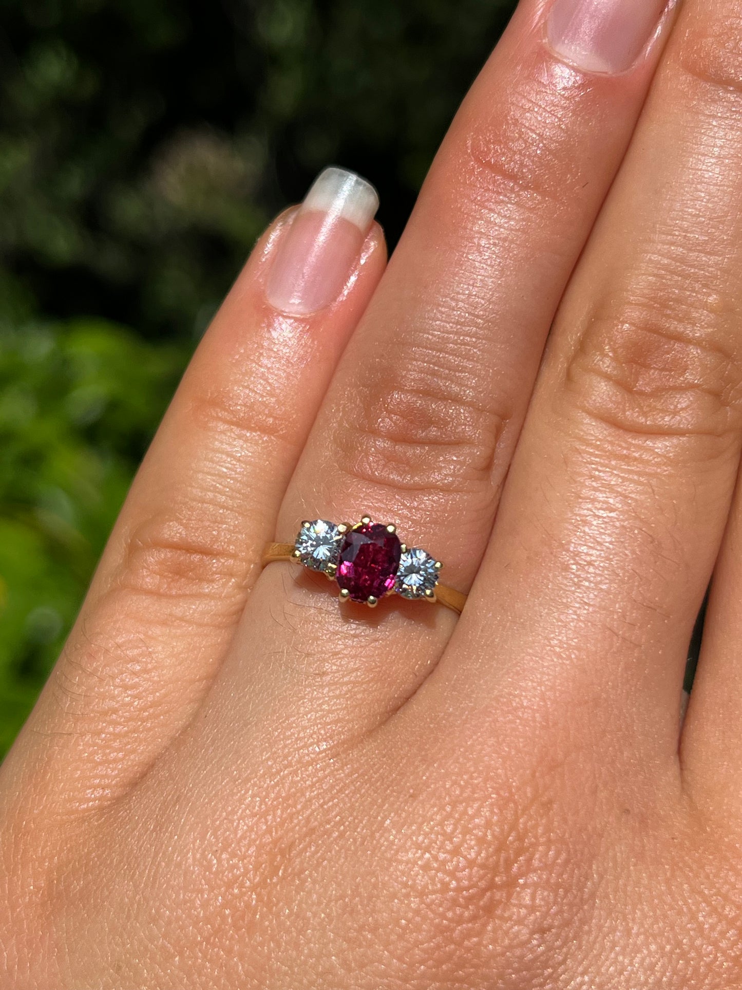 Vintage, 18K gold ruby and diamond trilogy ring