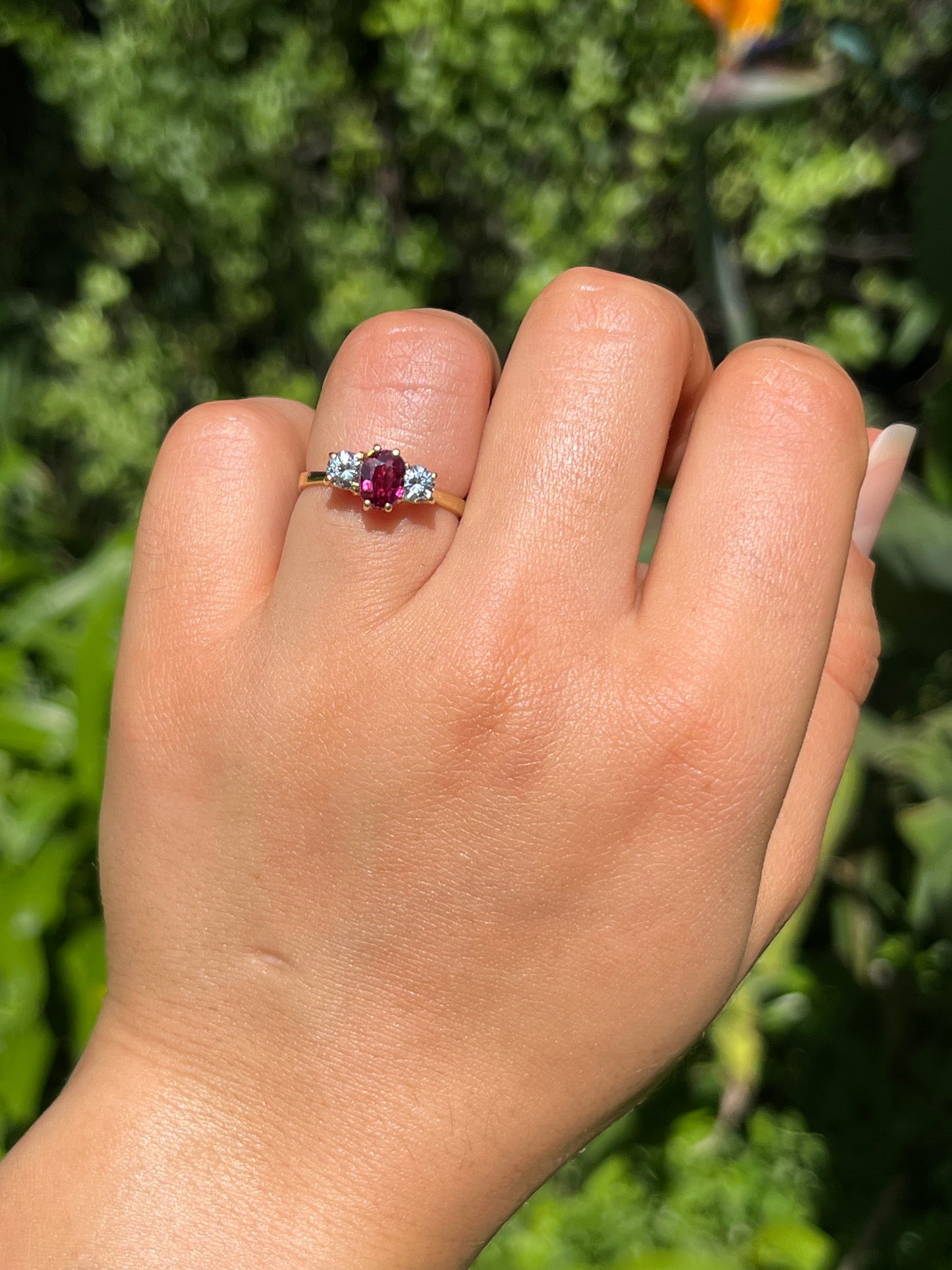 Vintage, 18K gold ruby and diamond trilogy ring