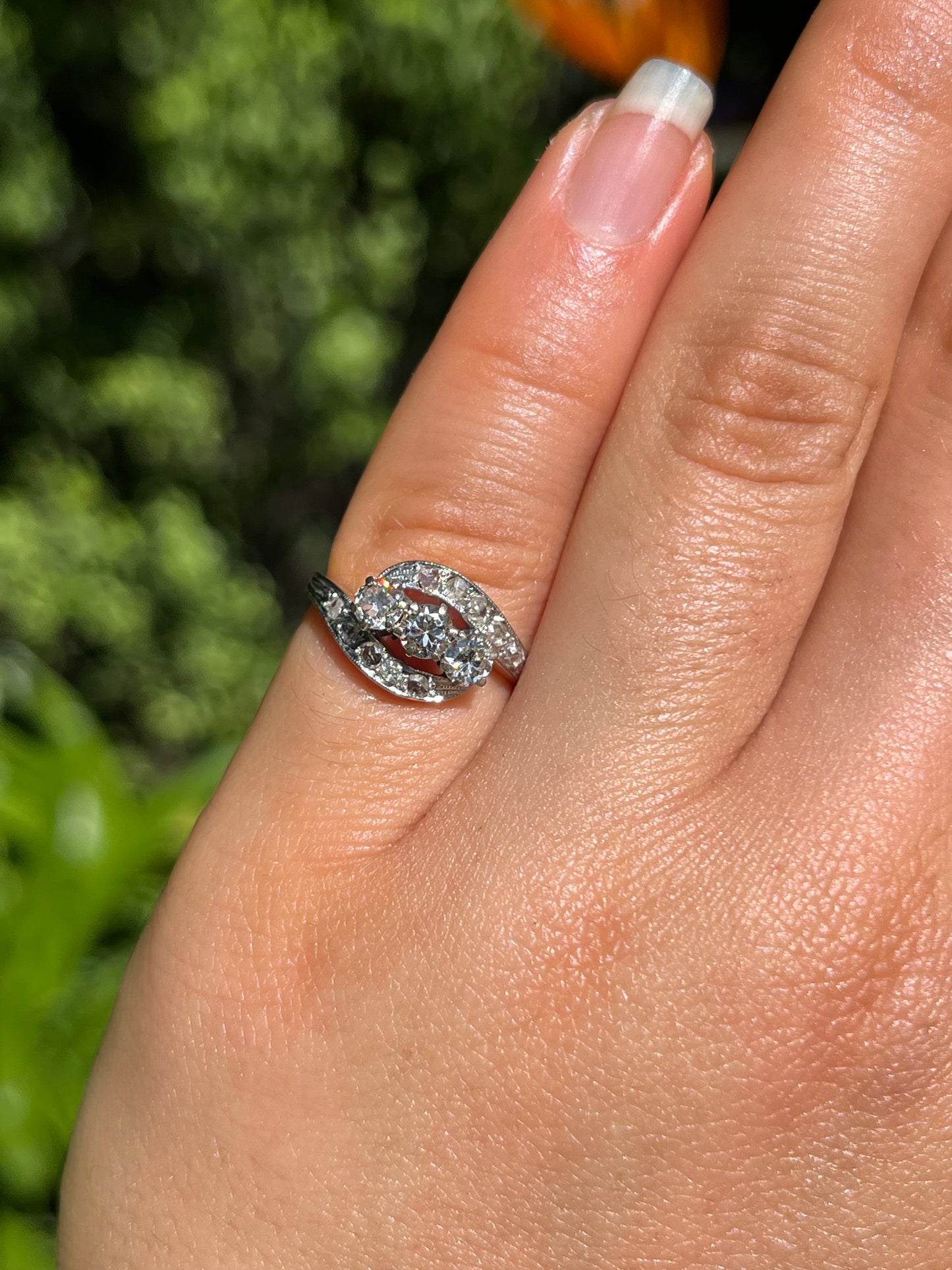 Mid-century, 18K gold trilogy diamond bypass ring