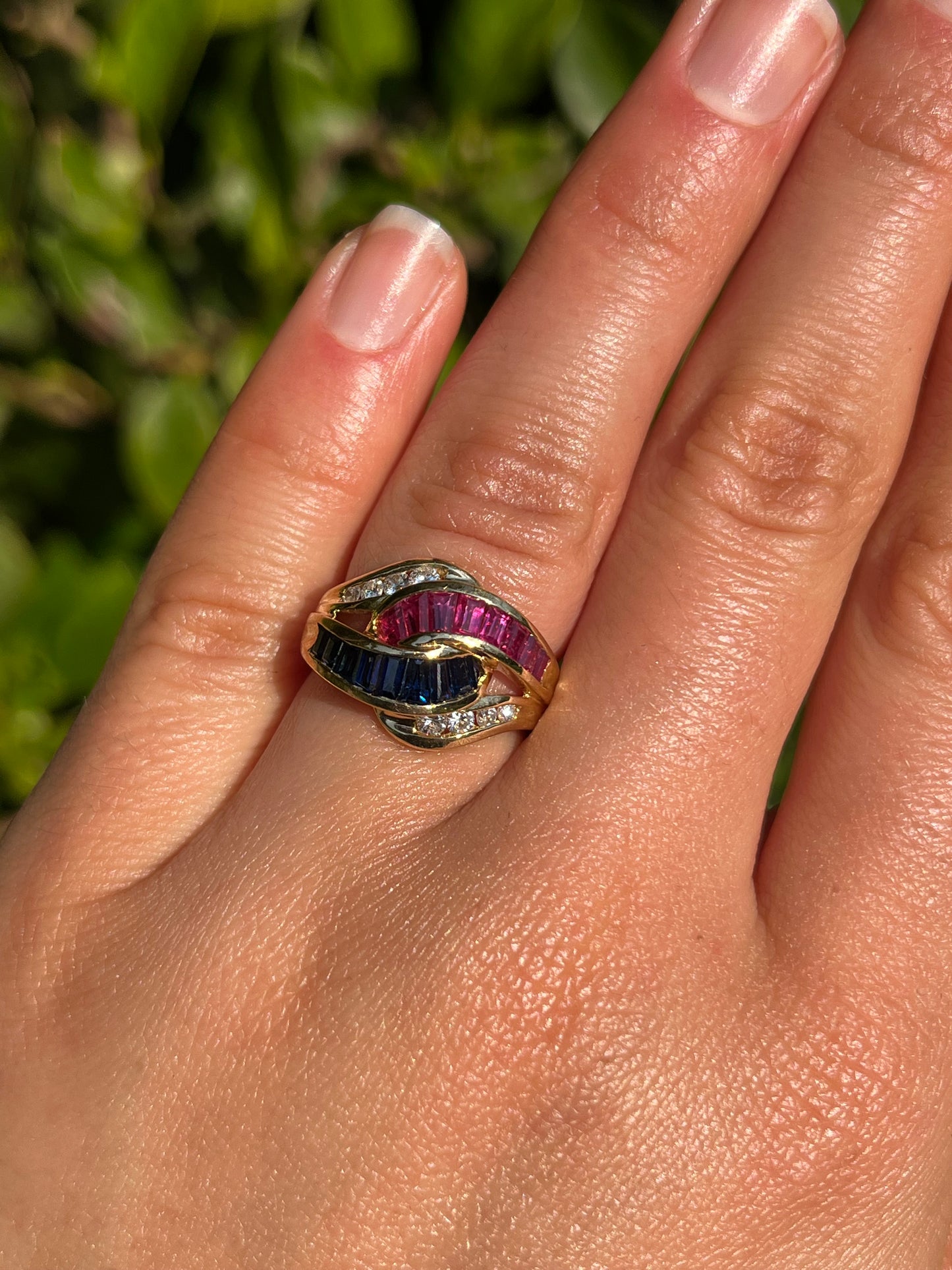 Vintage, 18K gold ruby, sapphire, and diamond bypass ring, c.1980s